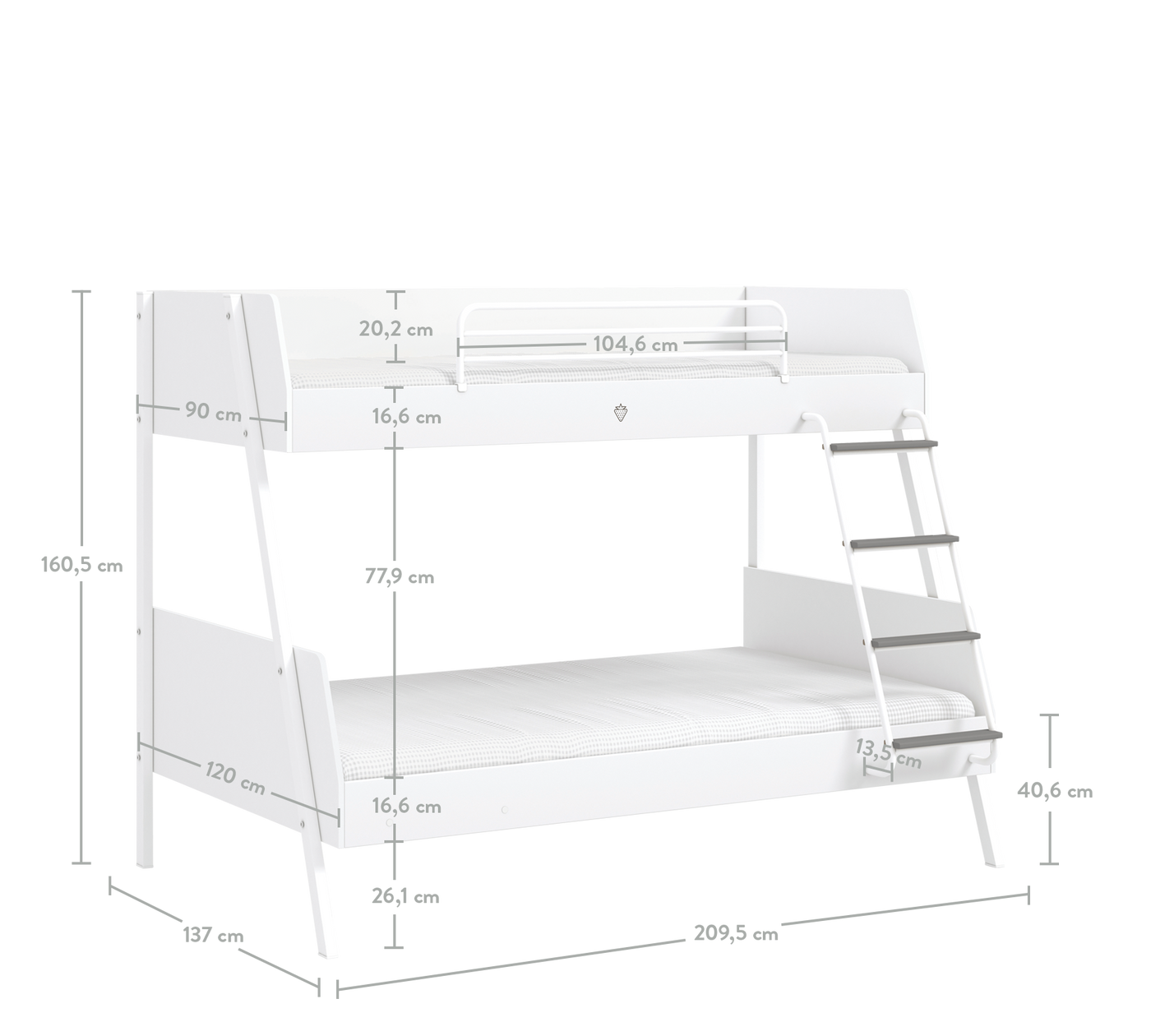 White široki krevet na sprat (90x200-120x200 cm)