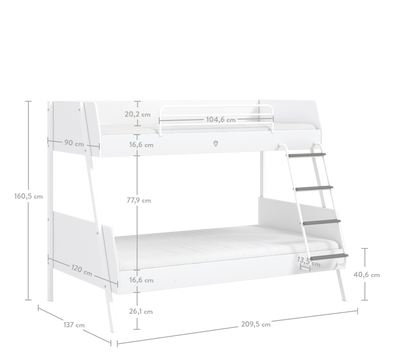 White široki krevet na sprat (90x200-120x200 cm)
