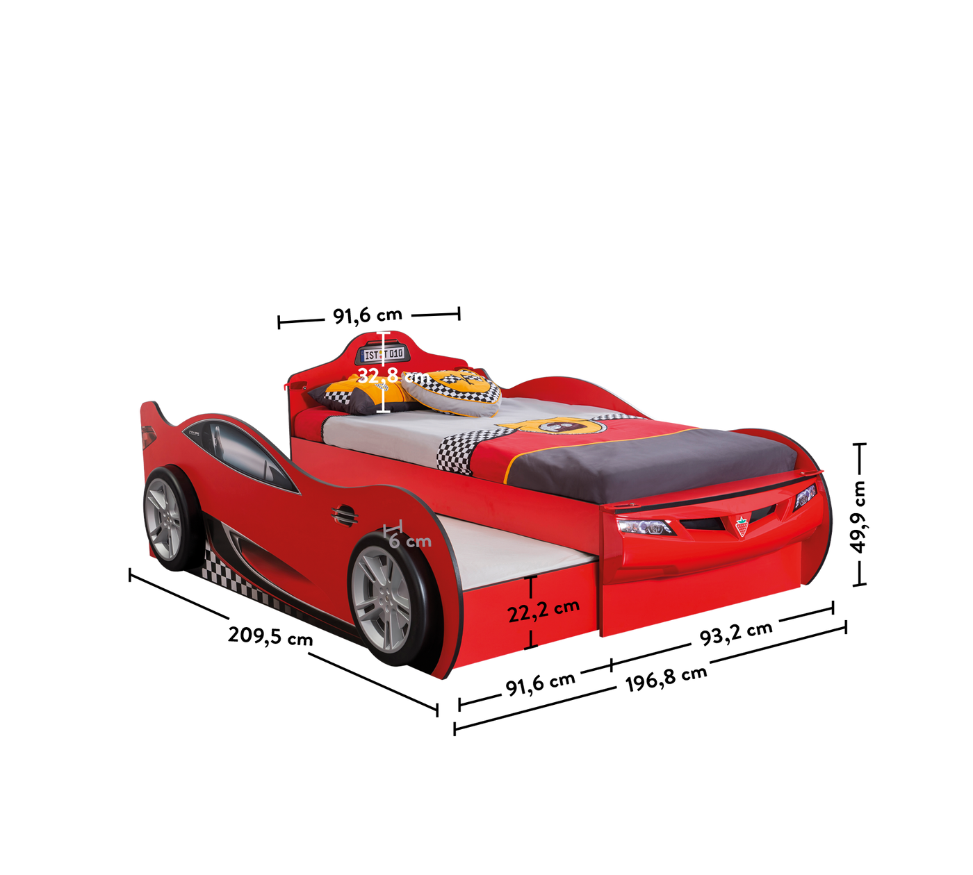 Racecup Auto Krevet (Crveni) (sa ladicom/ pomoćnim krevetom) (90x190 cm - 90x180 cm)